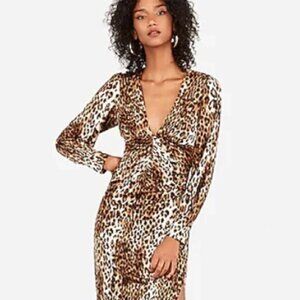 Express Leopard Print Ruche V-Neck Midi Dress Size M EUC